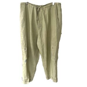 Genelli Linen Cargo Pants Size Large Sage Green Pockets Beachy Coastal Gauzy